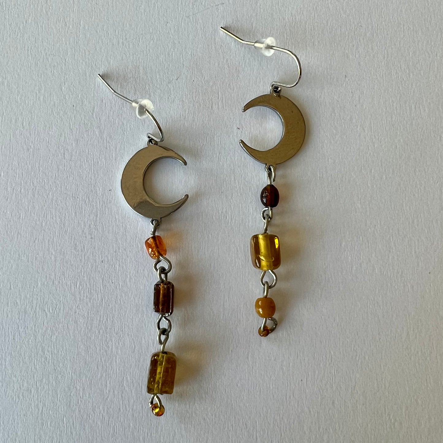 Upcycled Beaded Amber Moon Earrings